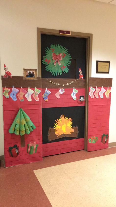 Christmas Classroom Door Decorating Classroom Door Decorations Christmas Tree, Crismas Decoration Classroom, Chimney Classroom Door, Christmas Decorations For Classroom Wall, Holiday Door Decorations For Daycare, Elementary Holiday Door Decorating Ideas, Gingerbread House Classroom Door Pink, Christmas Door Ideas School, Pre K Door Decorations Christmas