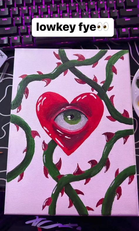 Painting Ideas Eyes Trippy, Feelings Painting Ideas, 3x9 Canvas Painting Ideas, Simple Things To Paint On Small Canvas, Beginner Halloween Painting, Weird Things To Paint, Edgy Painting Ideas On Canvas, Painting Ideas Eyes, Heart Eye Painting