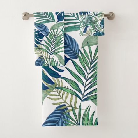 Coastal Palm Leaves Bath Towel Set Palm Leaf Design, Tropical Bathroom, Lush Garden, Bath Towel Sets, Guest Towels, Monstera Leaf, Palm Leaves, Tropical Leaves, Comforter Sets