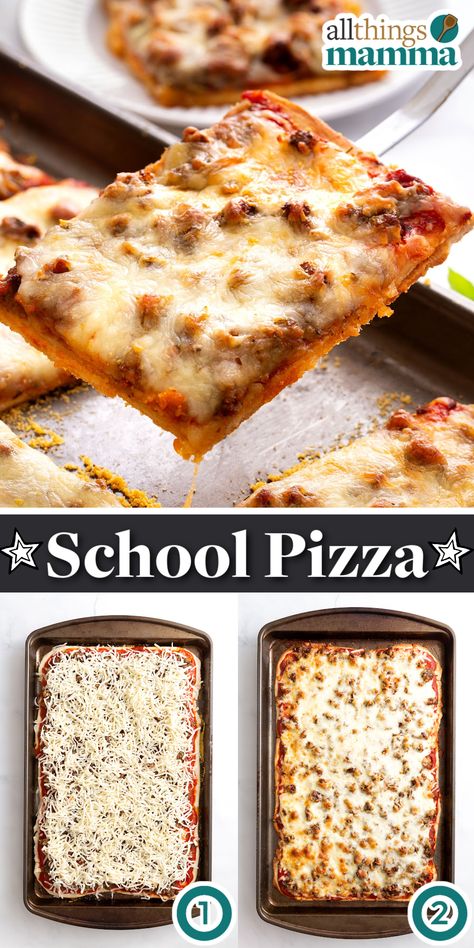 School Pizza collage image. School Pizza Sticks Recipe, Lunchroom Pizza Recipe, Pizza Sauce Dinner Ideas, School Lunch Party Ideas, The School Pizza Recipe, Cafeteria School Food, School Taco Pizza, Easy At Home Pizza, Milk Street Pizza Dough