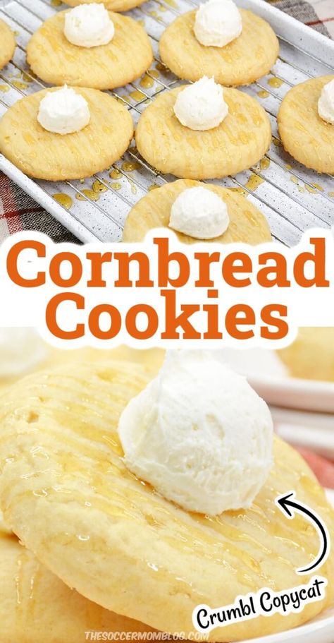 Cornbread Honey Cake Cookie, Peach Cobbler Cookie Crust, Copycat Cornbread Crumbl Cookies, Crumbl Cornbread Cookie Copycat, Crumbl Cookie Cornbread Copycat, Cornbread Cookies Recipe, Cornbread Crumble Cookie, Odd Cookie Recipes, Soft Top Cookies Recipe