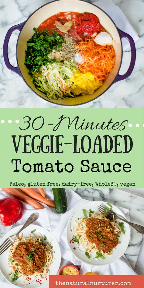 Are you looking for an easy (and maybe slightly sneaky) way to get wholesome and nutrient-dense veggies into your and your family's diet? 30-Minute Veggie-Loaded Tomato Sauce is the perfect place to start! Chock FULL of oodles of veggies, all made in one pot and done cooking by the time the pasta has finished boiling, this veggie-loaded sauce is perfect for a healthy dinner on the busiest of weeknights! Plus, you'll have leftovers to enjoy and to help make your next meal veggie-loaded too! #... Veggie Loaded Spaghetti Sauce, Healthy Kid Lunch Ideas, Veggie Loaded Meals, Veggie Forward Meals, Healthy Kid Recipes, Veggie Tomato Sauce, Natural Nurturer, Blender Soup, Eat More Veggies