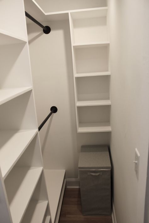 Slanted Shoe Shelves In Closet, Deep Side Closet Organization, Closet Rods And Shelves Walk In, Small Corner Closet Organization Ideas, Small Closet Maximize Space, Tiny Closet Shelving Ideas, Tiny Walk In Closet Dimensions, Half Walk In Closet Ideas, Small L Shaped Closet Organization