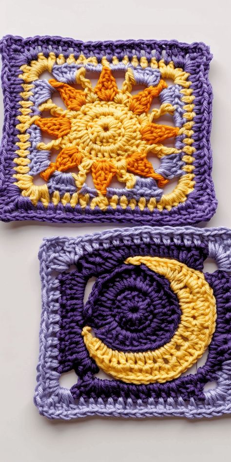 Whale Granny Square, Crochet Patterns Meaning, Persian Granny Square Pattern, Pixel Granny Square, Crochet Morning Star, Free Sun Granny Square Pattern, Purple Crochet Granny Squares, Crochet Sun Wall Hanging, Magical Crochet Patterns