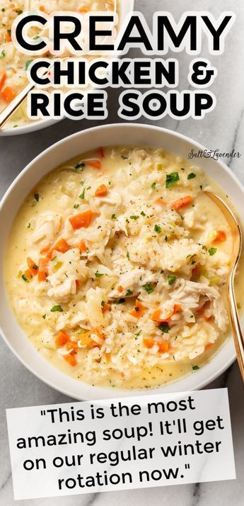 Creamy Chicken And Rice Soup, Creamy Chicken Rice Soup, Chicken And Rice Soup, Creamy Chicken And Rice, Homemade Soup Recipe, Crockpot Soup Recipes, Delicious Soup Recipes, Soup Dinner, Rice Soup