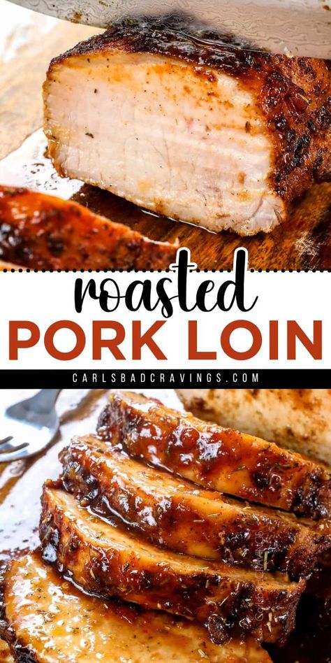 This Roasted Pork Loin Recipe! Your holiday menu must have this main dish for Christmas dinner. Buttery tender and extremely juicy with a fantastic flavor, this pork loin roast is an impressive Christmas dinner idea! Roasting A Pork Loin, Recipe Pork Loin Roast, Pork Loin Roast Recipes Oven Easy, Loin Of Pork Recipes Ovens, Low And Slow Pork Loin Oven, Pork Loin Pot Roast, Pork Loin Roast Stuffed, Tender And Juicy Pork Loin Roast Recipe, Oven Pork Loin Roast