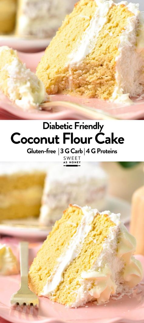 This Coconut Flour Cake is a moist, fluffy gluten-free, low-carb birthday cake for coconut lovers. You will love its light coconut crumb filled with vanilla frosting. Coconut Flour Banana Cake, Coconut Flour Cakes Recipes, Keto Coconut Flour Cake Recipes, Carb Free Cake, Monkfruit Cake Recipes, Low Carb Cakes Recipes, Gluten Free Pineapple Coconut Cake, How To Make Coconut Flour, Brazilian Coconut Cake