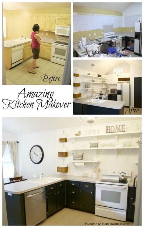 Amazing Kitchen Makeover on a budget Removing Upper Kitchen Cabinets, Remove Upper Cabinets, Removing Kitchen Cabinets, Renters Kitchen, Cabinets In Kitchen, Kitchen Makeover On A Budget, Kitchen Makeovers, Shelves Kitchen, Kitchen Open