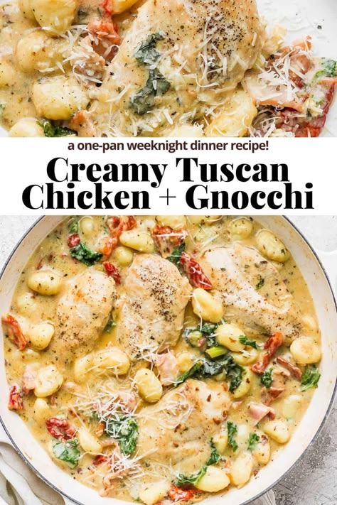 Dairy Free Gnocchi Recipes, Tuscan Chicken Gnocchi, Chicken And Gnocchi, Wooden Skillet, Gnocchi Dishes, Creamy Tuscan Chicken, Gluten Free Gnocchi, Tuscan Chicken Pasta, Dairy Free Recipes Dinner