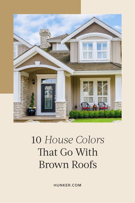 Get inspired for your own home with these color combinations that work with brown roofs. #hunkerhome #brownroofideas #housecolorideas #brownroofs What Color To Paint House With Brown Roof, Siding Color With Brown Roof, Light Tan Roof House Colors, Taupe And White House Exterior, Best Exterior House Colors With Brown Roof, White Farmhouse With Brown Roof, Beige Aesthetic House Exterior, Stucco House Colors Exterior Paint Ideas Brown Roof, Brown Roof Exterior Paint Ideas Modern