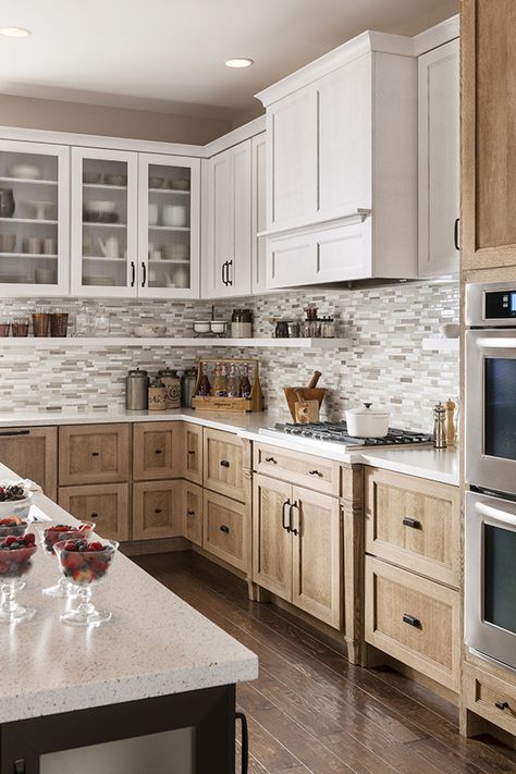 Pop Of Color Kitchen Cabinets, Natural Colored Cabinets, Pretty Cabinet Colors, White Top Cabinets Wood Lower, White And Wood Cabinets Kitchen, Two Toned Kitchen Cabinets Wood, Cypress Kitchen Cabinets, Light Brown Cabinets Kitchen, White Upper Cabinets Wood Lower