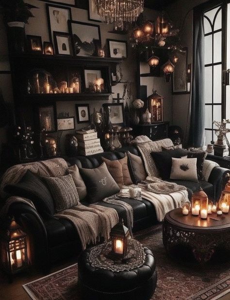 Dark Asthetics House Decor, Witch Aesthetic Interior, Emerald Green Gothic Living Room, Goth Inspired Living Room, Gothic Cottagecore Bathroom, Dark Seductive Bedroom Ideas, Cozy Gothic Aesthetic, Goth Vintage Bedroom, Dark Forest Aesthetic Living Room