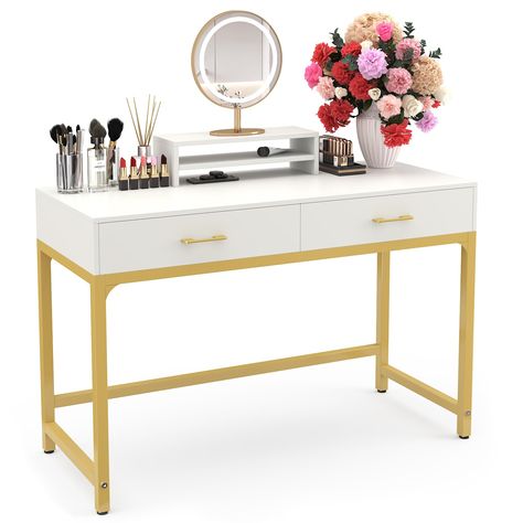 PRICES MAY VARY. FITS MOST STYLES: Makeup vanity desk size: 39.3"*17.7"*29.5" / 100cm*45cm*75cm. Monitor stand size: 18.9"* 7.1"*5.2" / 48cm*18cm*13.2cm. Suitable for most home, such as bedroom, study room, office, etc. REMOVABLE MONITOR STAND: This 2-in-1 women makeup desk with removable monitor stand. This makeup table can be used as a computer gaming desk or office desk. The elevated shelf can place your computer monitor, laptop, mirror, etc. ENOUGH STORAGE SPACE: This computer desk comes wit Vanities For Bedrooms, Desk/vanity Combo, Girl Vanity, Solid Desks, Makeup Vanity Desk, Desktop Shelf, Vanity Bedroom, Modern Computer Desk, Drawers Bedroom