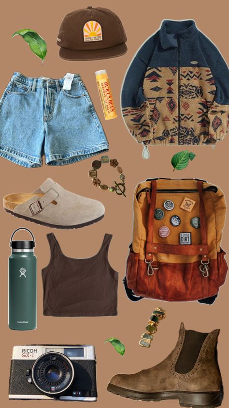 Brown background with Jean shorts, brown flat bill hat, Burt’s bees chapstick, beaded jewelry, backpack with pins, blinds gone boots, hydro flask, vintage camera, Birkenstock clogs, and brown tank top. Gives Granola Girl Aesthetic Cute Granola Outfits, Granola Girl Aesthetic Outfits, Outdoorsy Outfits, Granola Girl Outfits, Granola Outfits, Granola Style, Outdoorsy Girl, Cute Hiking Outfit, Granola Girl Aesthetic