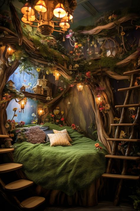 Forest Floor Bed, Forest Rooms Bedrooms, Moss Bedroom Aesthetic, Fantasy Theme Bedroom, Fairy Mushroom Aesthetic Bedroom, Fae Home Decor, Fairyland Bedroom Ideas, Enchanted Forest Furniture, Shifting Waiting Room Ideas Forest