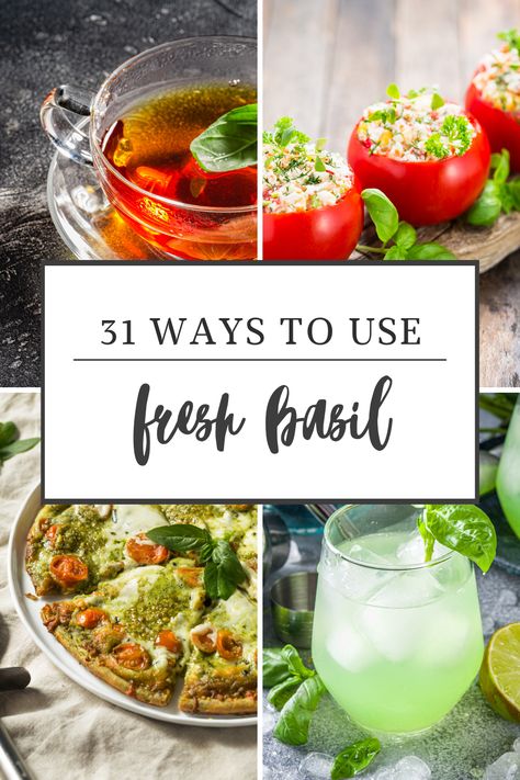 Got more fresh basil than you know what do with, other than pesto sauce? Well, if you're looking for fresh basil recipes and other things to do with fresh basil, then check out these 31 ideas. Recipes Using Fresh Basil Summer, Recipes With Lots Of Fresh Basil, What To Do With Extra Fresh Herbs, Basil Pesto Dinner Recipes, Recipes To Use Basil, Recipes With Sweet Basil, Things To Do With Basil Leaves, What To Make With Fresh Basil, What To Do With Basil From Garden