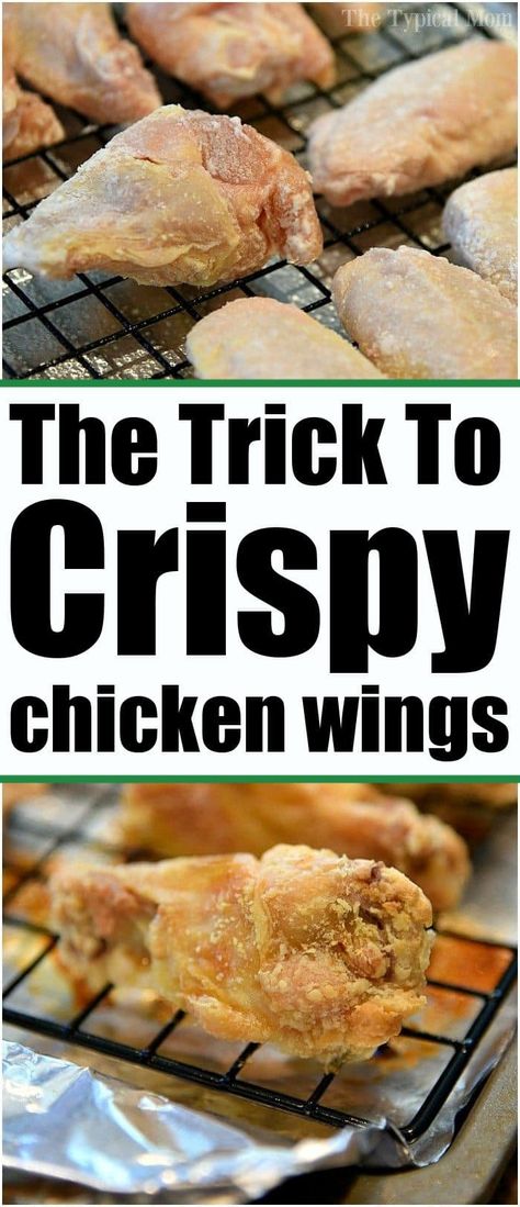 How to bake crispy chicken wings in the oven that you will absolutely love! We make these all the time as an appetizer or dinner and they come out crunchy and crispy every time. Here's the trick to making juicy crispy baked chicken wings without frying them. #crispywings #bakedchickenwings #crispychickenwings #superbowlappetizer #thetypicalmom Oven Air Fried Chicken Wings, Wings Crispy, Oven Fried Chicken Wings Crispy, Oven Air Fryer Chicken Wings, Oven Cooked Chicken Wings, Crisp Chicken Wings, Homemade Chicken Wings In The Oven, Crispy Chicken Wings In Oven, Crispy Wings In The Oven