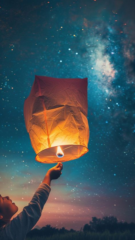 Starry Lantern Release: A person releases a glowing lantern into the star-scattered sky on a serene night. #starry #lantern #release #night #sky #aiart #aiphoto #stockcake ⬇️ Download and 📝 Prompt 👉 https://ayr.app/l/s2QE Sky Lantern Tattoo, Lanterns To Release In Sky, Flying Lanterns Aesthetic, Sky Lantern Drawing, Sky Lanterns Photography, Lantern Pictures, Chath Pooja Image, Lantern Release, Lantern Aesthetic