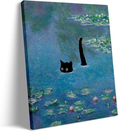 Oil Painting Aesthetic Easy, Bathroom Painting Ideas Canvas Diy Wall, Easy Cat Painting Ideas On Canvas, Cat Acrylic Painting Easy, Aesthetic Room Wall Decor, Cat Swimming, Black Cat Poster, Pond Landscape, Paint Christmas