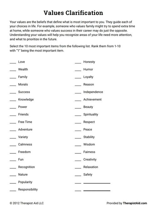 Values clarification worksheet - identify important qualities and characteristics   Taken from therapist aid - https://www.therapistaid.com/therapy-worksheet/values-clarification/none/none My Values Worksheet, Values Therapy Activity, Values Activity Therapy, Values Group Therapy, Value Clarification Activities, Values Clarification Worksheet, Values Clarification Activities, Counseling Worksheets For Adults, Personal Values Worksheet