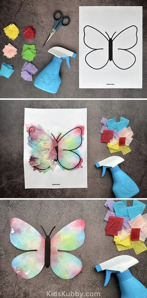 Tissue Paper Painted Butterfly Art Butterfly Craft Toddlers, Art Activities For School Age Children, Art Craft Ideas For Kids, Toddler Insect Activities, Water Art Projects For Kids, Craft Ideas For 3 Year, Crafts For 5 Year, Retro Crafts For Kids, Butterfly Toddler Craft