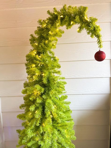 How To Make A Grinch Tree - The Shabby Tree Grinch Stealing Christmas Lights Off House, The Grinch Sleigh Diy, Grinch Lamp Post, Making A Grinch Tree, Upside Down Christmas Tree Ideas Unique, Diy Christmas Tree School Project, Whoville Wreath Diy, Grinch Porch Decorations, Easy Grinch Christmas Tree