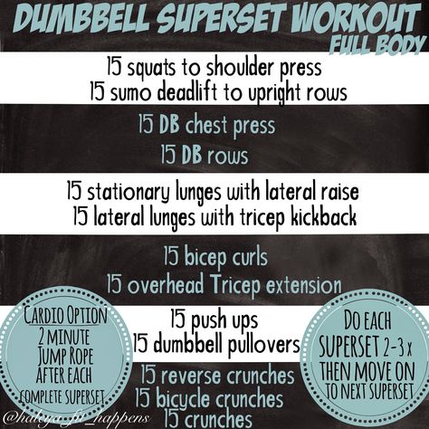 Dumbbell Superset Workout- FULL BODY WORKOUT http://instagram.com/haleya_fit_happens Dumbbell Superset, Strength Wod, Superset Workout, Quick Full Body Workout, Workout Instagram, Dumbbell Workouts, Full Body Dumbbell Workout, Tricep Kickback, Dumbell Workout