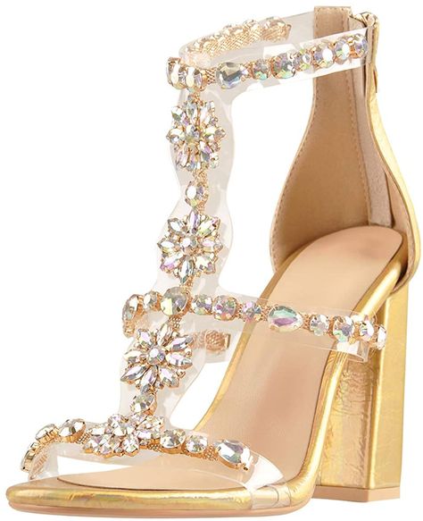 Gold Rhinestone Heels, Heels Transparent, Casual Shoes Women Flats, Ankle Strap Sandals Heels, Gladiator Heels, Chunky Sandals, Rhinestone Heels, High Heel Wedges, Womens Sandals Wedges