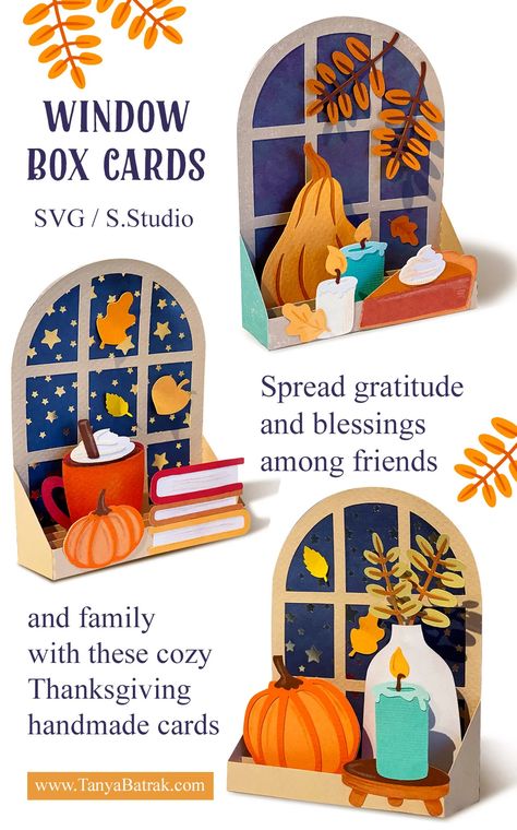 Window Box Cards, Popup Cards How To Make, Autumn Window Decorations, Cricut Pop Up Cards, Autumn Paper Crafts, Autumn Cards Handmade, Crafts For Toddlers Christmas, Fall Card Ideas, Thanksgiving Card Ideas