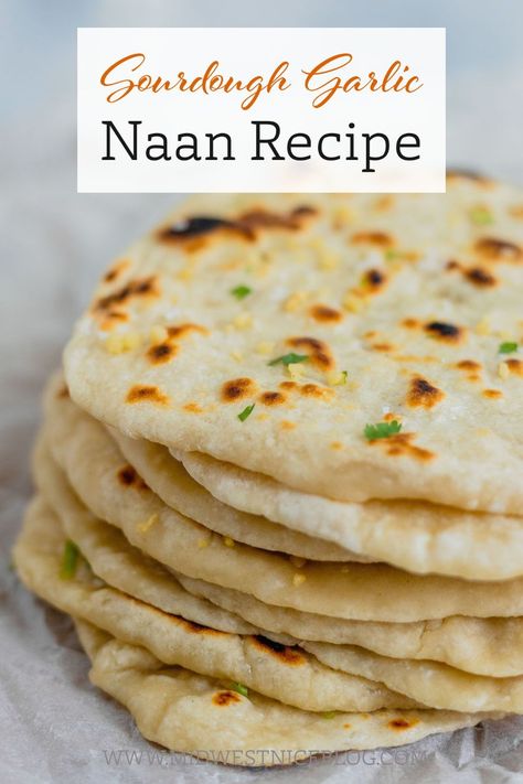 Homemade garlic naan is easier than ever with a sourdough recipe! Chewy, fluffy, and tender this is the ultimate homemade sourdough naan recipe! Sourdough Naan Discard, Sourdough Discard Naan Bread, Sourdough Discard Naan Recipe, Naan Breakfast Ideas, Naan Bread Recipe No Yogurt, Sourdough Naan Recipe, Sourdough Naan Bread Recipe, Sourdough Naan Bread, Sourdough Discard Naan