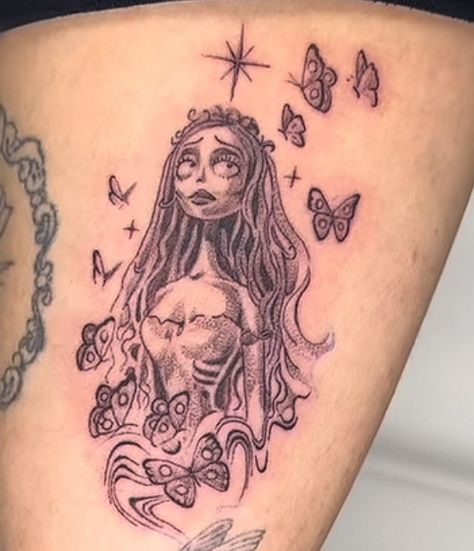 Corpus Bride Tattoo, Corspride Bride Tattoo, Emily Tattoo Corpse Bride, Corpse Bride Emily Tattoo, Small Leg Tats, Chest Piece Tattoos For Women, Emily Corpse Bride Tattoo, Paranormal Tattoo, Emily Tattoo