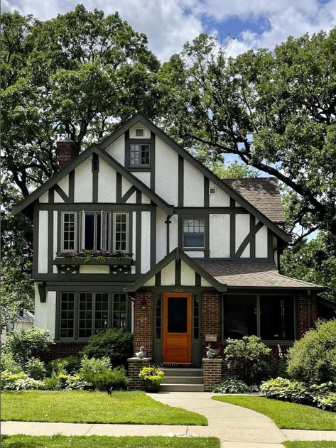 Brown Tudor House Exterior, Colorful Tudor Exterior, Tudor Front Porch, Tudor Cottage Exterior, Tudor Farmhouse, Tudor Homes Exterior, Modern Tudor, English Tudor House Exterior, Tudor Revival House Exterior