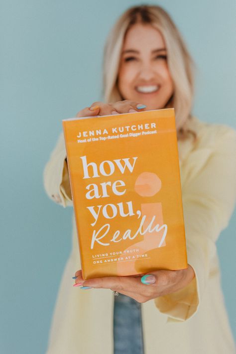 Pre-order Jenna Kutcher's "How Are You, Really?" Book Today! Author Poses With Books, Author With Book Photography, Book Promo Photoshoot, Book Cover Photoshoot, Author Book Photoshoot, Book Marketing Photos, Author Picture Poses, Books Photoshoot Ideas, Posing With A Book