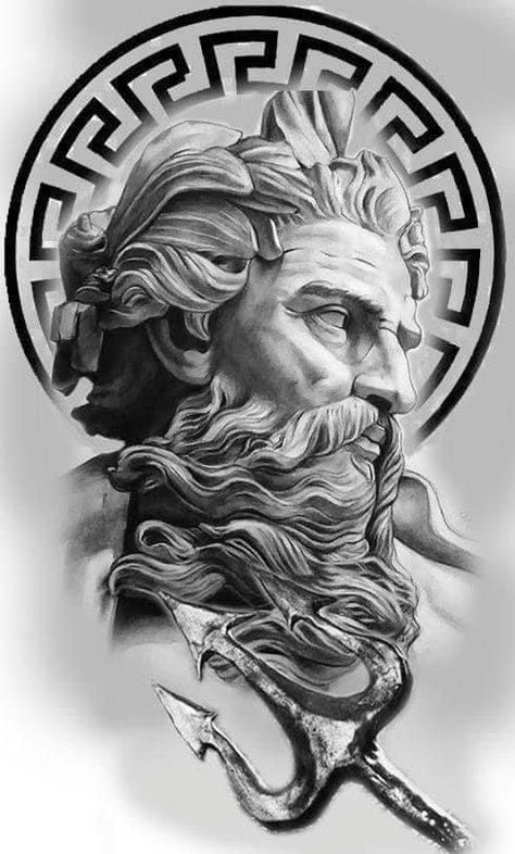 Tato Maori, Tattoo On Thigh, Greek God Tattoo, Poseidon Tattoo, Zeus Tattoo, Spartan Tattoo, Statue Tattoo, Greek Mythology Tattoos, God Tattoos