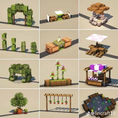 Things To Building In Minecraft, Cool Mc Build Ideas, Geode Minecraft Builds, Cute Farm Design Minecraft, Minecraft Storefront Ideas, Minecraft Trails Ideas, Minecraft Goblincore Ideas, Exterior Decor Minecraft, Minecraft Layout Ideas