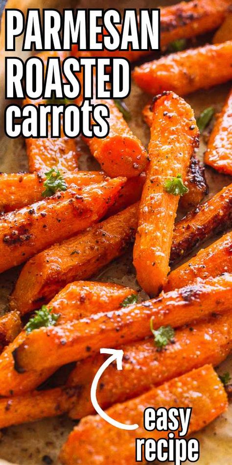 Parmesan Roasted Carrots are a super easy, family-favorite side dish! Tossed in a garlicky, buttery Parmesan coating, these roasted carrots are packed with flavor. With just a few ingredients, you’ll have these deliciously cheesy carrots ready to serve in no time! Roasted Carrots Recipe Ovens, Parm Roasted Carrots, Parmesan Garlic Roasted Carrots, Italian Roasted Carrots, Parmesan Roasted Carrots Recipe, Easy Roasted Veggies In Oven, Roasted Mini Carrots Oven, Roasted Carrots And Squash, Carrot Side Dish Recipes Healthy