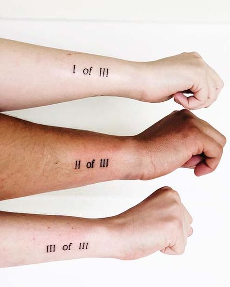 43 Cool Sibling Tattoos You'll Want to Get Right Now | Page 3 of 4 | StayGlam 3 Brother Tattoo Ideas, Brothers Tatoos Ideas, Three Way Tattoos, 1 Of 4 Sibling Tattoo, Tattoo Ideas For 4 Best Friends, 3 Line Tattoo, Tattoo Ideas For 4 Siblings, Sibling Tattoos For 6 Siblings, Gender Neutral Sibling Tattoos