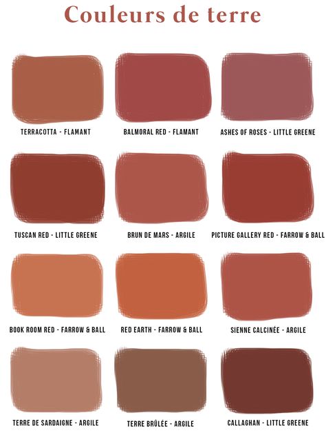 Nuancier Couleurs de Terre • Les Bons Détails #terracotta #earth #colors #couleur (c) Les Bons Détails Palettes Color, Color Coordination, Mixing Colors, Lip Palette, Color Inspo, Farrow Ball, Colour Schemes, Wall Color, Terra Cotta