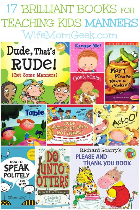 Want to help your kids be more polite? Do you cringe when your child says or does something rude? Here are 17 great books for teaching kids manners. Teaching Kids To Read, Teaching Kids Manners, Manners Books, Manners For Kids, Preschool Books, Character Education, Children's Literature, Social Emotional Learning, Kids Reading