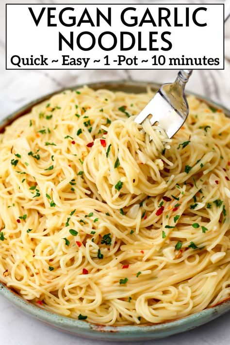 These quick and easy vegan garlic noodles are made in 1-pot in less than 10 minutes with just a few basic ingredients. They will be the easiest, yet most delicious noodle dish you ever make! These buttery dairy-free noodles are perfect for an easy weeknight dinner or lunch for the kids! Perfect for camping and backpacking too! thehiddenveggies.com Vegan Quick Dinner Recipes, Creamy Vegan Noodles, Gluten Free Dairy Free Recipes Dinner Easy, Dairy Free Entrees, Easy Vegetarian Recipes Dairy Free, Non Dairy Noodle Recipes, Easy Vegan Noodle Recipes, Easy Vegan Ramen Noodle Recipes, Easy No Dairy Dinner Recipes