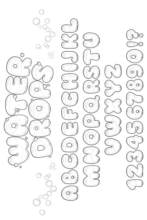 Whimsical water-dropped typography combines with elegant handwriting, intricate stencil patterns, and kawaii charm to create a visually stunning font effect.#fontsalphabetandnumbers#fontsalphabetandnumbershandwritten#fontsalphabetgraffitidesign#fontsalphabetgraffitisketch#coolfontsalphabetgraffitistepbystep Abc In Different Fonts, Bubbly Text Font, Fluffy Font Alphabet, Bubble Letter Template, Girly Lettering Fonts, English Fonts Design, Bubble Letter Fonts Alphabet Style, Number Bubble Letters, How To Draw Fonts