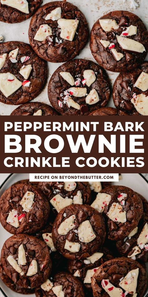 These Peppermint Bark Brownie Crinkle Cookies are decadent, fudgy peppermint-flavored cookies that have chocolate chips and bits of peppermint bark nestled into their shiny, crackly tops. They're perfect for the chocolate-peppermint lover in your life that's on your holiday baking gift list! Find the full recipe on BeyondtheButter.com. Brownie Crinkle Cookies, Cookies With Peppermint, Holiday Baking Gifts, Peppermint Bark Cookie, Copycat Food, Flavored Cookies, Crinkle Cookies Recipe, Cookie Brownie Recipe, Ultimate Cookies