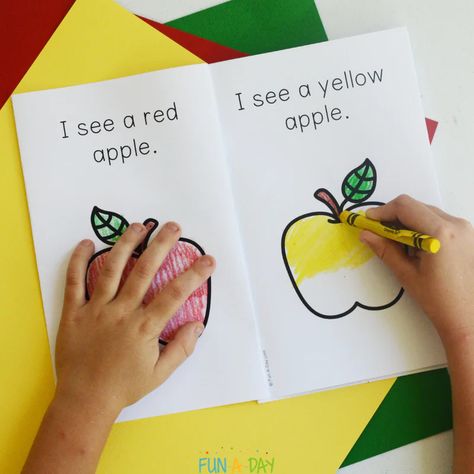 Add the I See Apples printable book to your next kindergarten or preschool apple theme! What a fun and easy way to explore literacy, math, AND science concepts with the kids. Get your own copy by clicking on the Fun-A-Day.com link. Apple Theme Circle Time Activities, Apple Emergent Reader Free Printable, Kindergarten Johnny Appleseed Activities, Apple Books Preschool, Apples Literacy Activities Preschool, Apple Day In Kindergarten, Apple Theme For Preschool, Preschool Apple Books, All About Apples Preschool