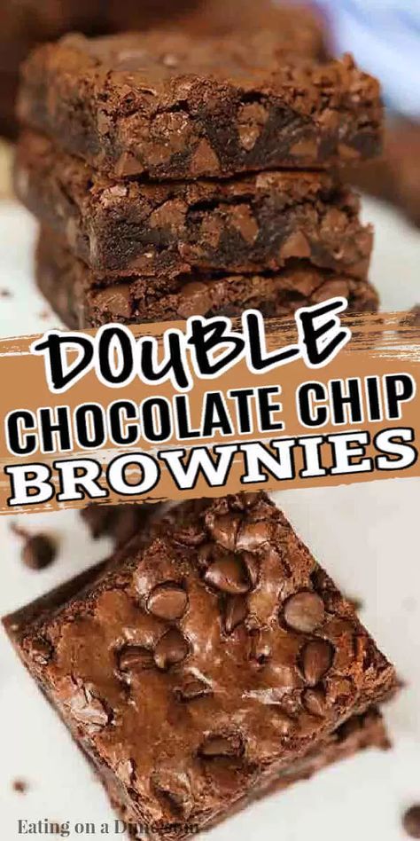 Everyone will love these decadent Double chocolate chip brownies. Each bite is loaded with tons of chocolate and the entire recipe is so easy. Eating On A Dime, Double Chocolate Brownies, Chocolate Chip Brownies, Dinner Recipes Easy, Homemade Brownies, No Bake Brownies, Chocolate Chip Recipes, Brownie Cake, Brownie Bar