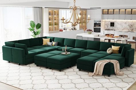 Emerald Green Velvet Sectional Sofa with Storage. Rich Tones, Contemporary Design. Green Sofas, Sectional Sofa With Storage, Storage Seat, U Shaped Couch, Large Sectional Sofa, U Shaped Sectional Sofa, Sofa With Storage, Large Sectional, Corner Sectional Sofa