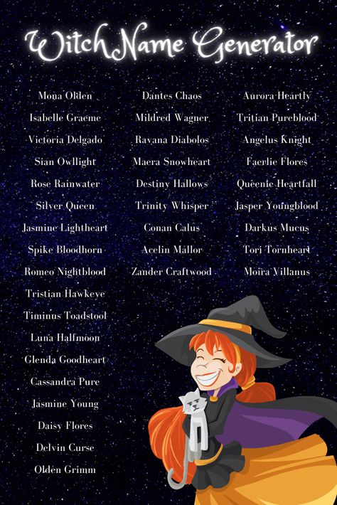 Witch name generator with over 300 spooky witch names to choose. From everyday female and male witch names to evil and good witch names. Names Of Witches, Witches Names Woman, Magic Name Ideas, Magical Last Names For Characters, Magic Last Names, Magical Male Names, Male Witch Names, Witch Names Generator, Good Last Names For Characters