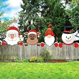 Christmas Outdoor Decorating Yard, Fence Sitters, Christmas Fence, Christmas Exterior, Fence Decorations, Holiday Yard Decorations, Christmas Coffee Table Decor, Outdoor Fence, Festive Table Setting