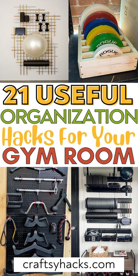 Improve your workout routine with these essential home gym organization tips! Use space-saving solutions like vertical storage and labeled bins to streamline your exercise area. A well-organized gym will also give you the fitness motivation you need! Basement Gym Organization, Exercise Room Storage, Gym Racks Storage, How To Store Gym Equipment At Home, Small Gym Storage, Diy Gym Storage Ideas, At Home Gym Must Haves, Exercise Equipment Storage Ideas, Gym Display Ideas