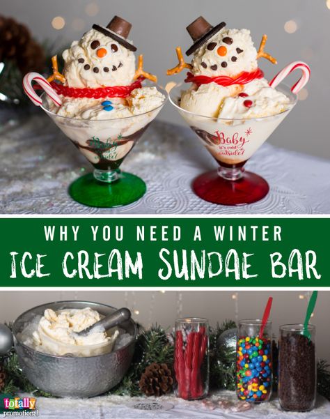 An ice cream sundae bar can turn a drab winter party into a festive celebration! Ice cream sundae stations are a great addition for any get-together but they're extra special in the winter. The delicious taste of ice cream, gooey syrup & sprinkles can make it feel like summer anytime!  Take a look here on how to tackle this easy task & also how to make an adorable ice cream snowman in a cup for the kids! Christmas Sundae Bar Ideas, Ice Cream Snowman, Christmas Ice Cream Sundaes, Christmas Ice Cream Sundae Bar, Christmas Sundae Bar, Ice Cream Christmas Decorations, Christmas Ice Cream Bar, Christmas Ice Cream Sundae, Christmas Sundaes