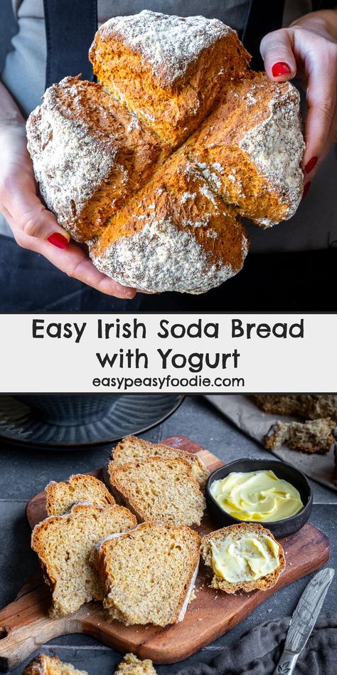 No buttermilk? No problem! You can make this Easy Irish Soda Bread with plain yogurt. This recipe is super quick too – you can have fresh bread in under 40 minutes. And no kneading or proving required! #bread #sodabread #easybread #quickbread #irishsodabread #easysodabread #nokneadbread #vegetarian #easybaking #easyrecipes #easypeasyfoodie #cookblogshare Soda Bread Recipe No Buttermilk, Soda Bread Recipe Easy, Baking Soda Bread, Bread With Yogurt, Easy Irish Soda Bread, Yogurt Bread, Soda Bread Recipe, Irish Soda Bread Recipe, Recipes Bread